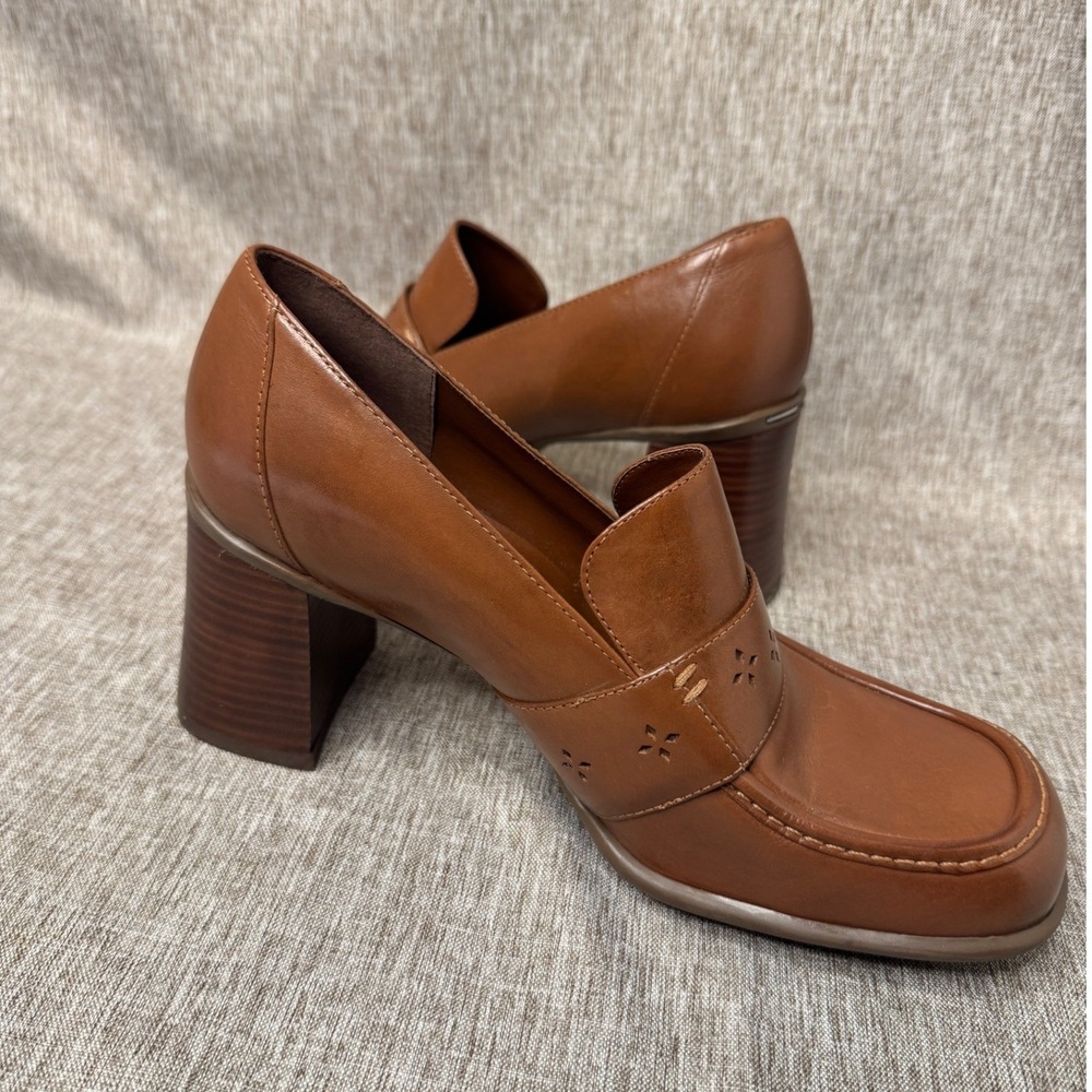 Tommy Hilfiger Brown Leather Chunky Heeled Loafers Square Toe 7.5M Platform